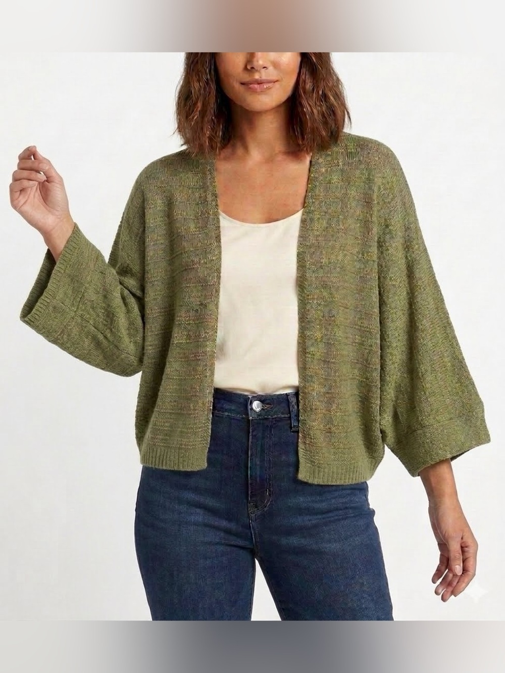 Anthropologie Olive Green Open-Front Women’s Cardigan knit crochet Sweater OS